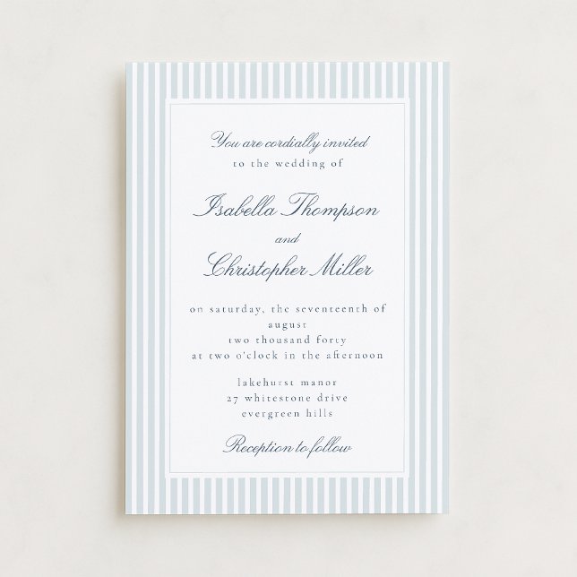 Invitación de boda moderna con guión y rayas azul  (Subido por el creador)