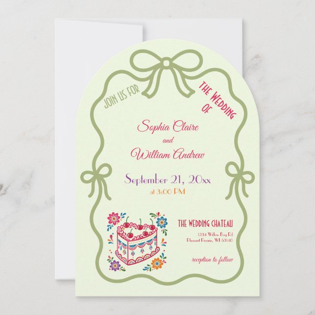 Invitación de boda moderna con lazo pastel retro (Anverso)