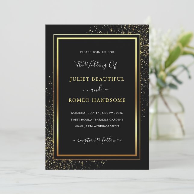 Invitación de boda moderna con marco dorado negro (Anverso de pie)
