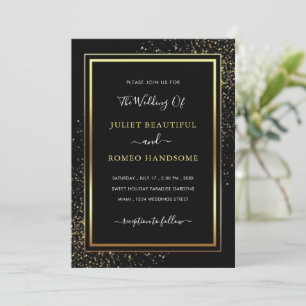 Invitación de boda moderna con marco dorado negro