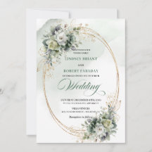Invitación de boda moderna con vegetación y oro
