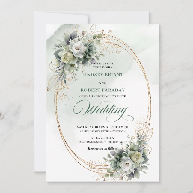 Invitación de boda moderna con vegetación y oro (Anverso)