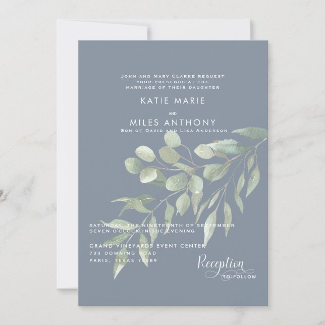 Invitación de boda moderna de eucalipto azul polvo (Anverso)