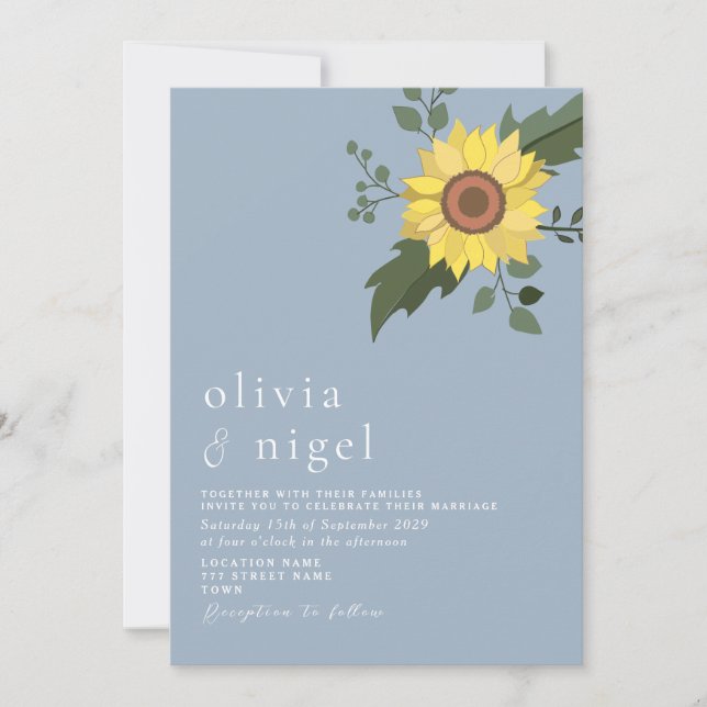 Invitación de boda moderna de girasol azul polvori (Anverso)