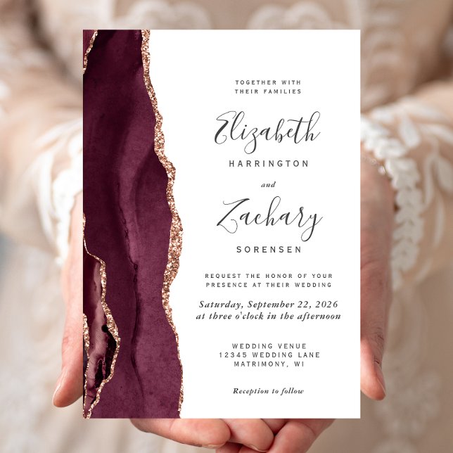 Invitación de boda moderna de granate y oro rosa c (Subido por el creador)