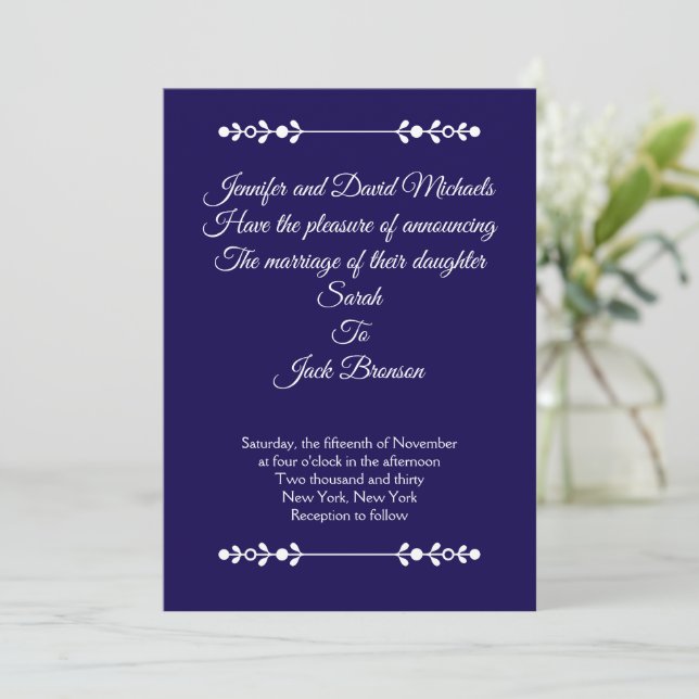 Invitación de boda moderna de navy y blanco (Anverso de pie)