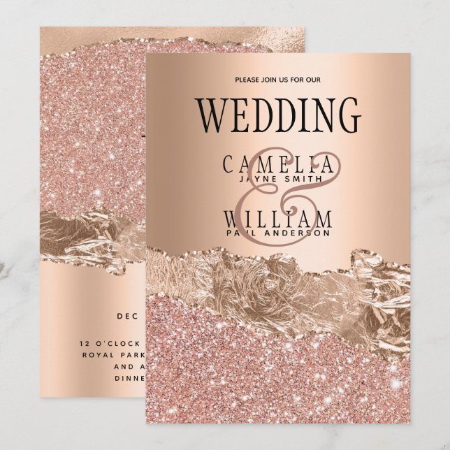 Invitación de boda moderna de oro rosa con glamour (Anverso / Reverso)