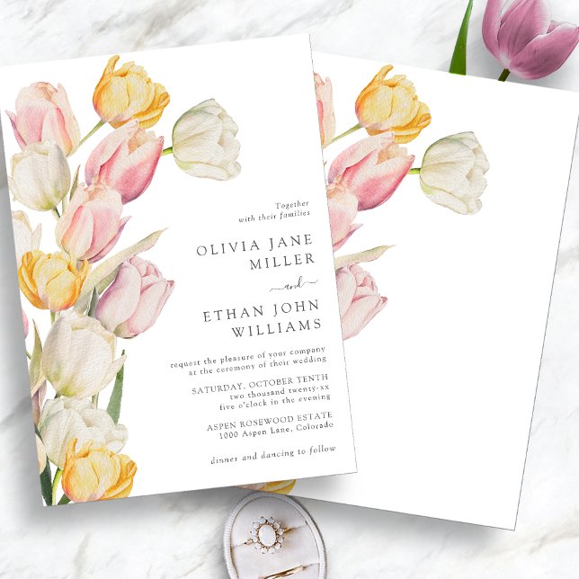 Invitación de Boda Moderna de Primavera (Modern Watercolor Pink Cream and Yellow Tulip Wedding Invitation by Painted Paperie)
