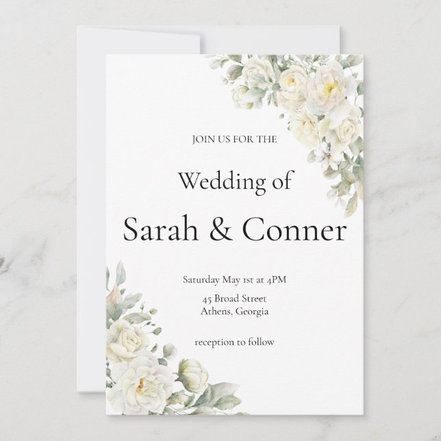 Invitación de boda moderna de rosas blancas (Anverso)
