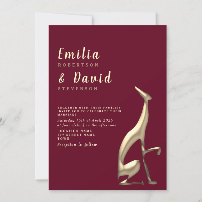 Invitación de boda moderna dorada y borgoña (Anverso)