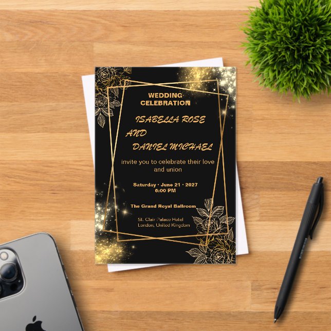 Invitación de boda moderna editable de lujo en oro (Insitu (Tarjeta de Invitación))
