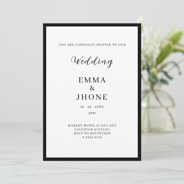 Invitación de boda moderna editorial en blanco y n (Anverso de pie)