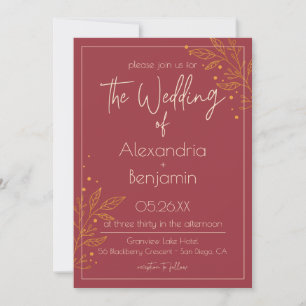 Invitación de boda moderna elegante burgundy y dor
