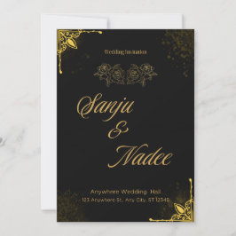 Invitación de boda moderna elegante en negro y dor