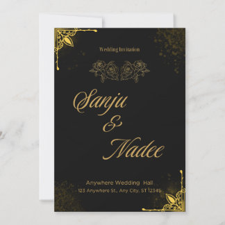 Invitación de boda moderna elegante en negro y dor