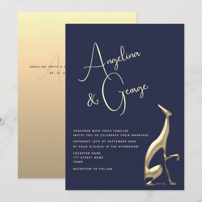 Invitación de boda moderna en azul marino y dorado (Anverso / Reverso)