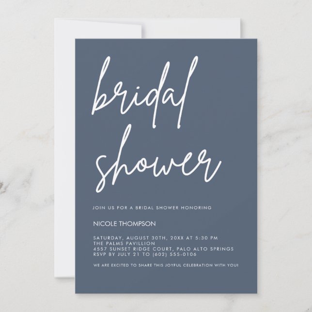 Invitación de boda moderna en azul pizarra chic (Anverso)