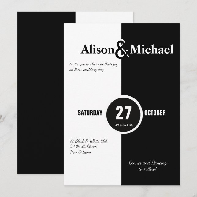 Invitación de boda moderna en blanco y negro (Anverso / Reverso)
