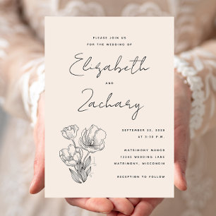 Invitación de boda moderna en crema con texto negr