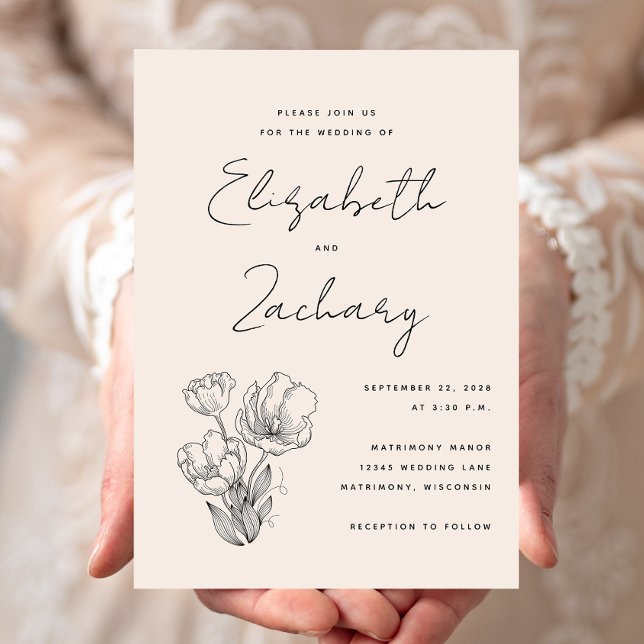 Invitación de boda moderna en crema con texto negr (Subido por el creador)