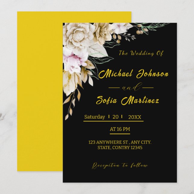 Invitación de boda moderna en negro y dorado | Ele (Anverso / Reverso)