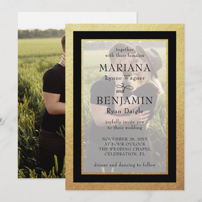 Invitación de boda moderna en oro con foto (Anverso / Reverso)