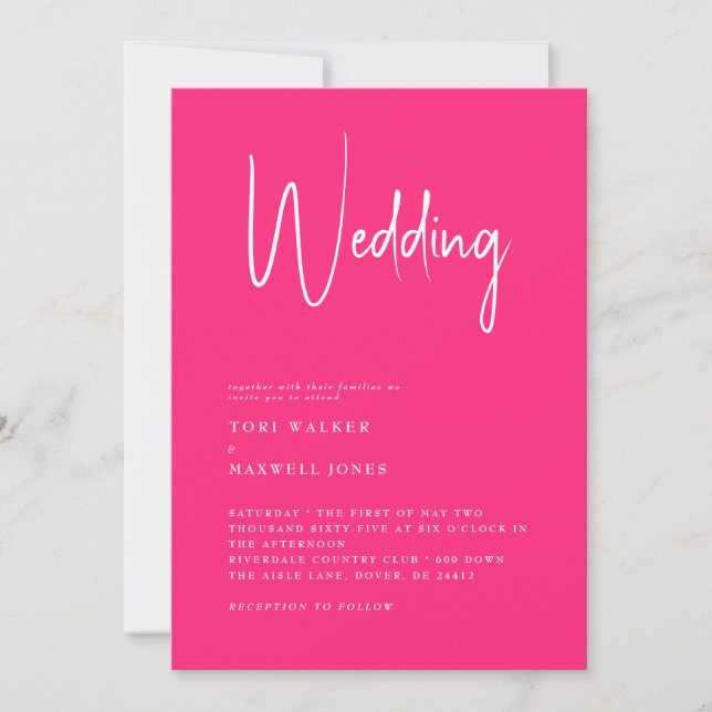 Invitación de boda moderna en rosa caliente sin pa (Anverso)