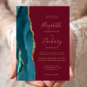 Invitación de boda moderna en teal, oro y ágata bu