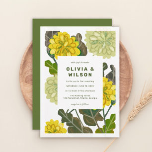 Invitación de boda moderna floral amarilla y verde