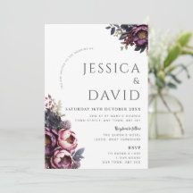 Invitación de boda moderna floral burdeos ciruela
