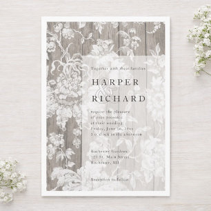 Invitación de boda moderna floral de madera rústic