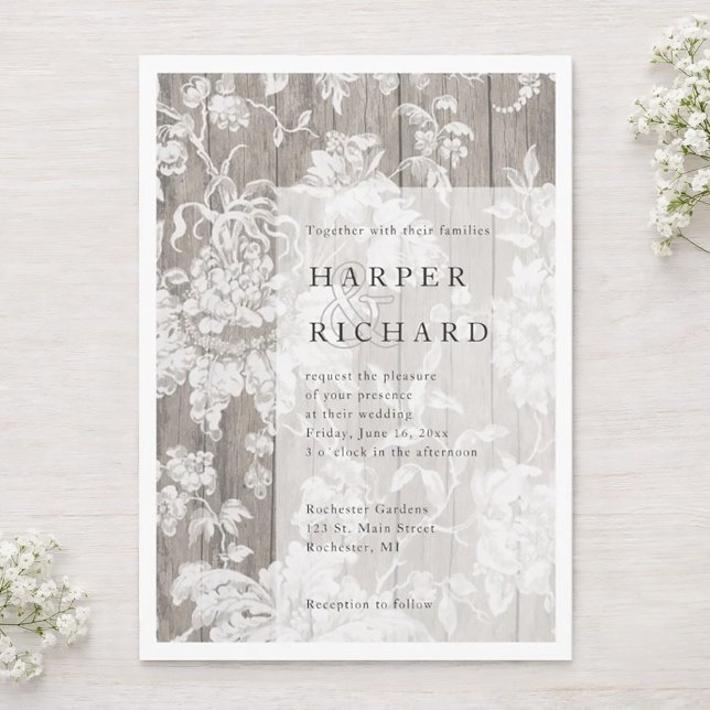 Invitación de boda moderna floral de madera rústic (Vintage floral on weathered rustic wood wedding invitation.)