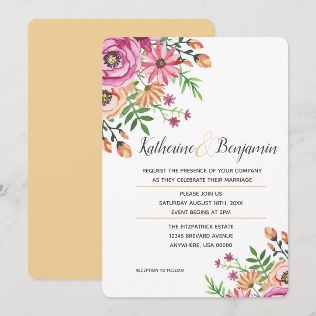 Invitación de boda moderna floral de melocotón (Anverso / Reverso)