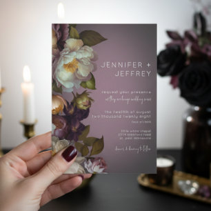 Invitación de boda moderna floral malva oscura y t