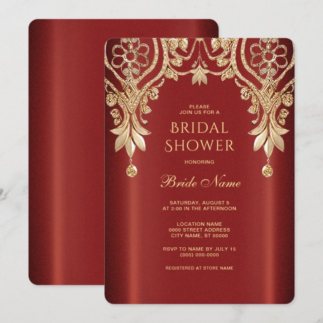 Invitación de boda moderna floral roja dorada (Anverso / Reverso)