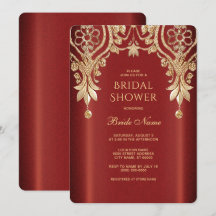 Invitación de boda moderna floral roja dorada