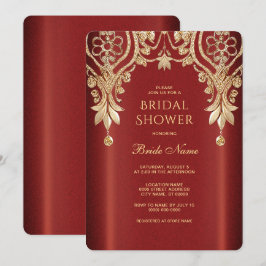 Invitación de boda moderna floral roja dorada