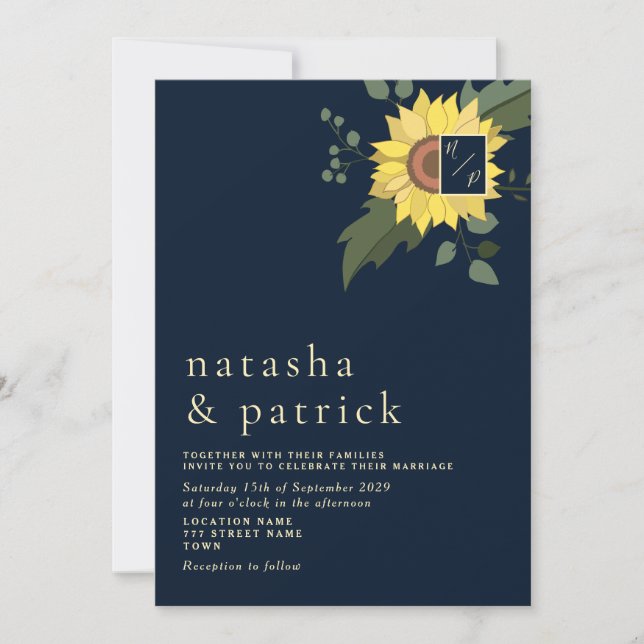 Invitación de boda moderna girasol azul marino dor (Anverso)