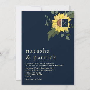 Invitación de boda moderna girasol azul marino dor