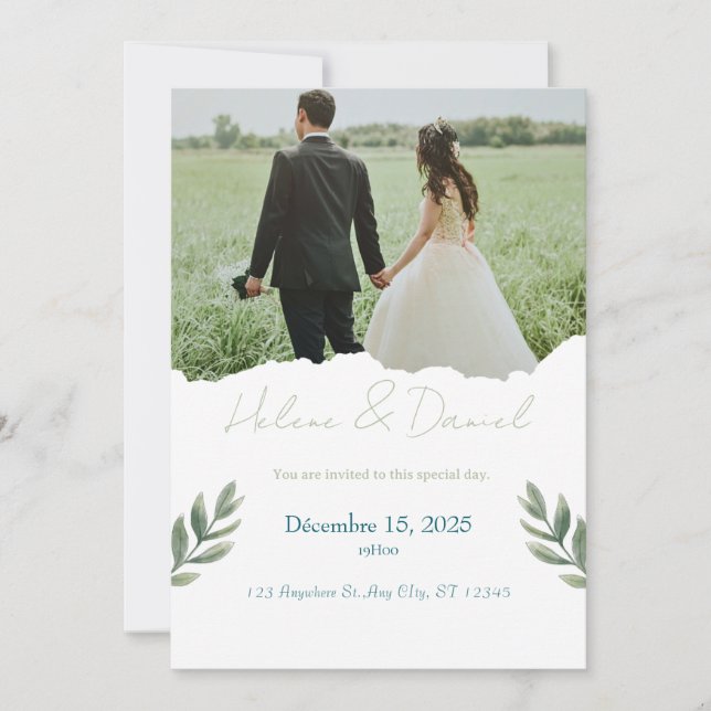 Invitación de boda moderna - gris verde (Anverso)
