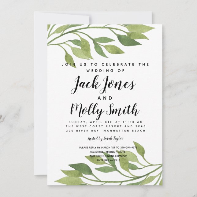 invitación de boda moderna hoja verde follaje (Anverso)