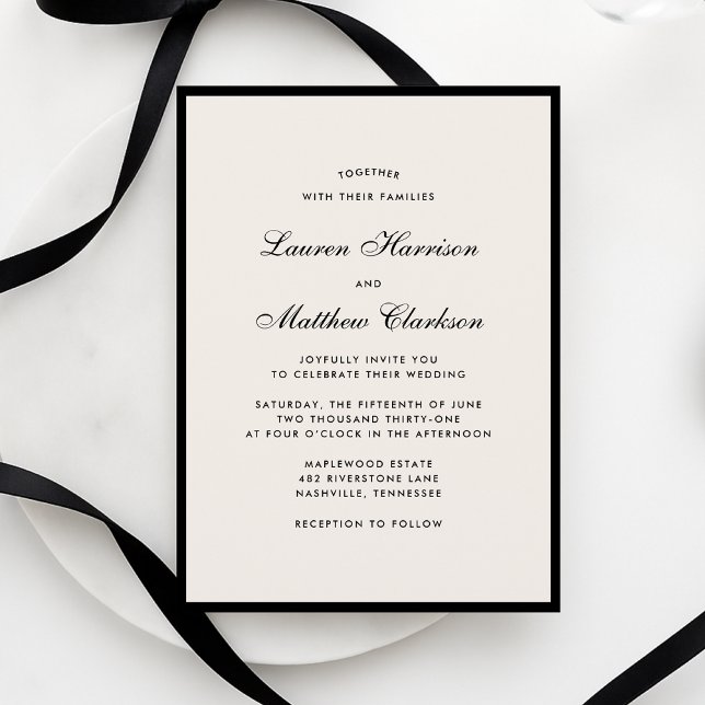 Invitación de boda moderna marfil con borde negro (Subido por el creador)
