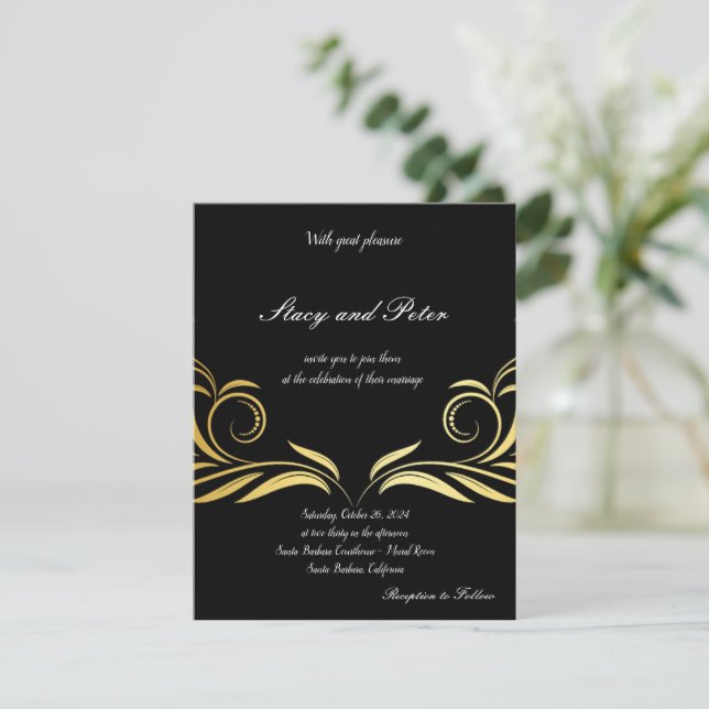 Invitación de boda moderna negra (Anverso de pie)