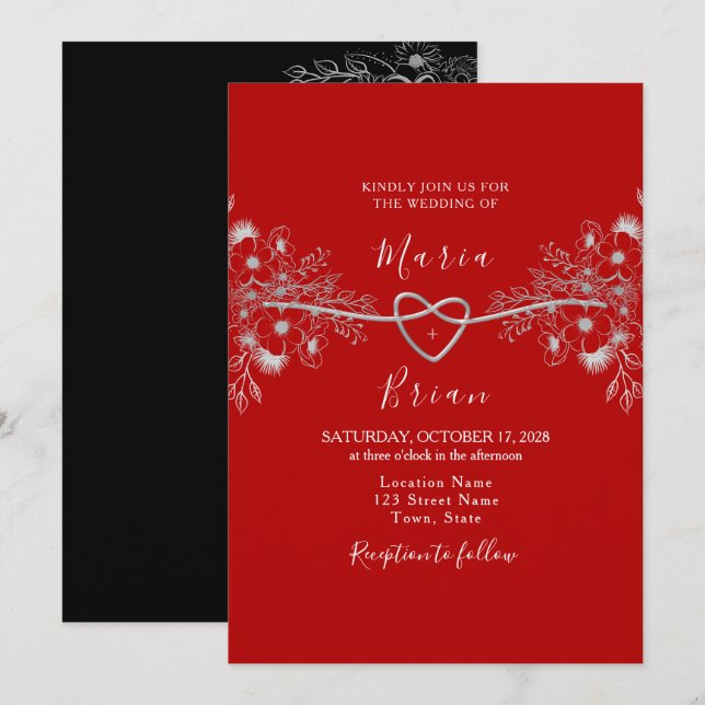Invitación de boda moderna negra y roja (Anverso / Reverso)