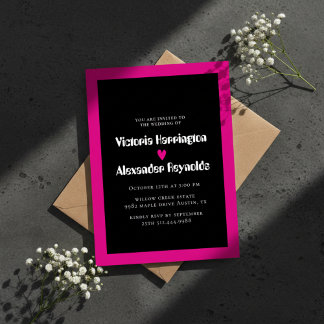 Invitación de boda moderna negra y rosa