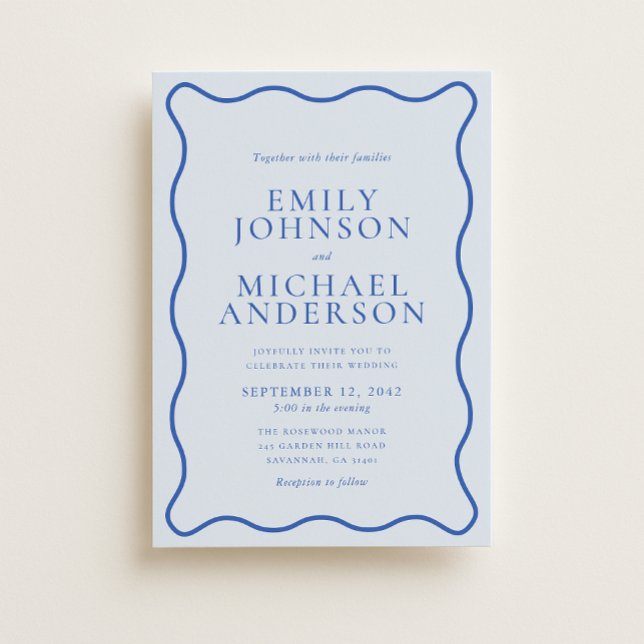 Invitación de boda moderna ondulada azul brillante (Subido por el creador)
