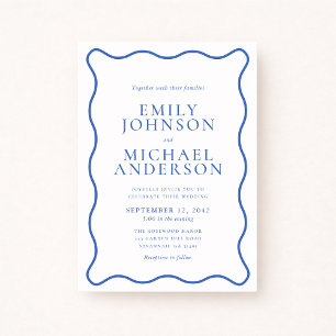 Invitación de boda moderna ondulada dual azul