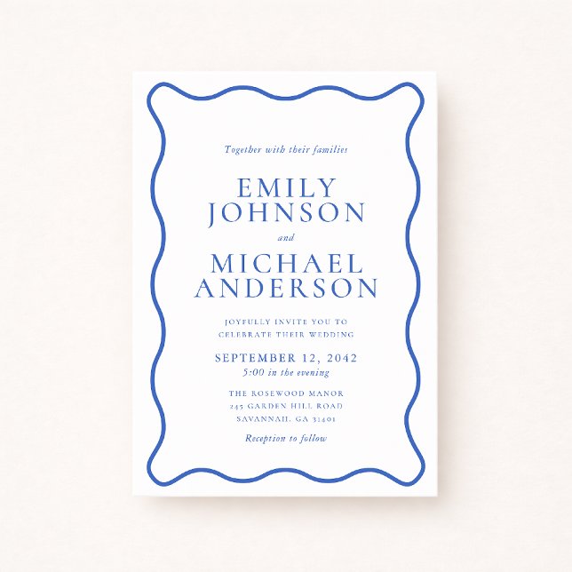 Invitación de boda moderna ondulada dual azul (Subido por el creador)