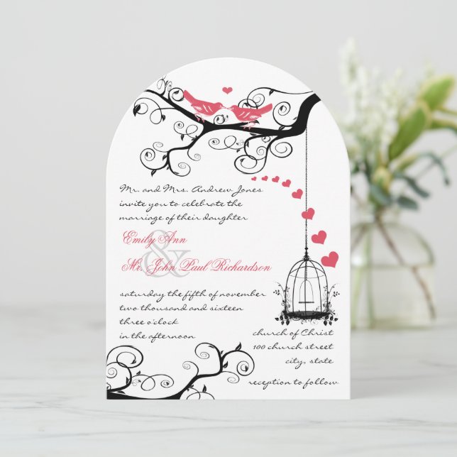 Invitación de boda moderna pájaros de amor rosa (Anverso de pie)