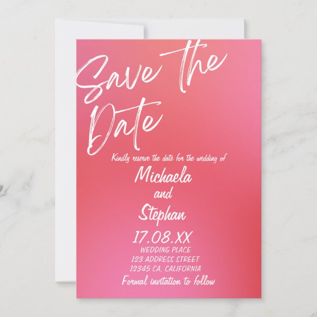 Invitación de boda moderna puesta de sol rosa y na (Anverso)
